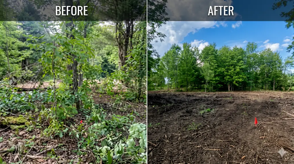 Before and after land clearing and brush removal project