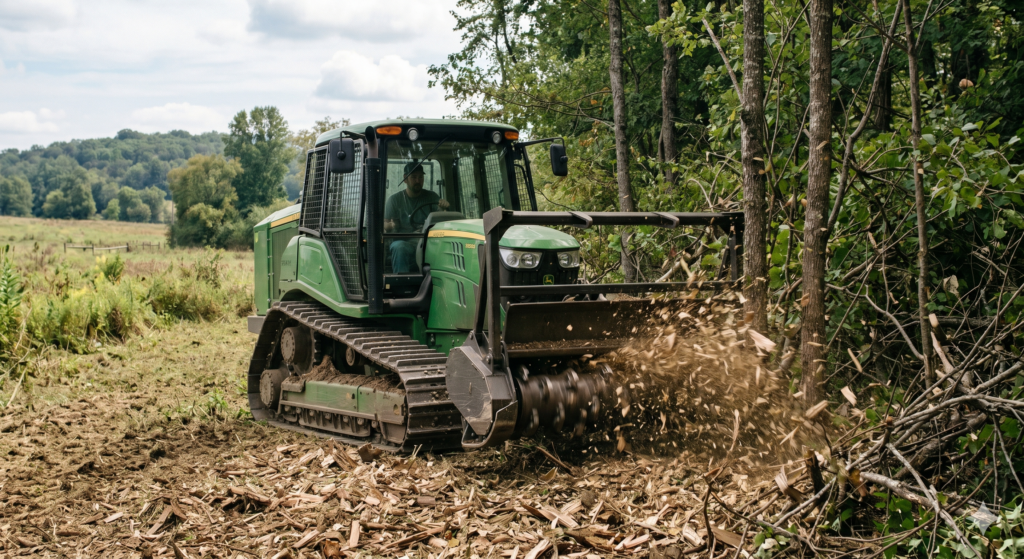 Heavy equipment forestry mulcher clearing wooded property